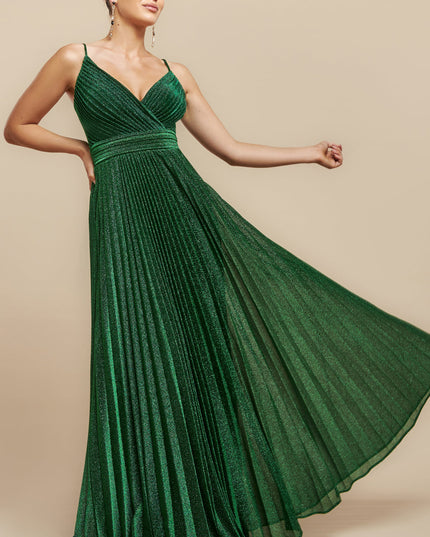 Sleeveless Pleated A Line Lurex Maxi Dress - Pink by Goddiva - DR4494