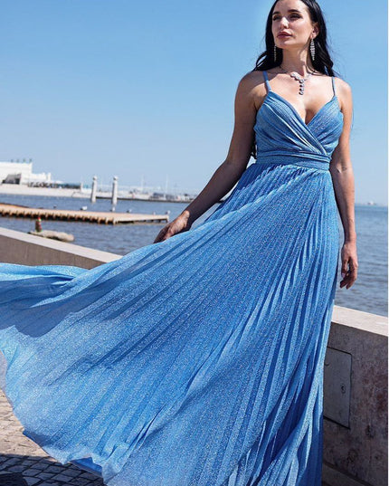 Sleeveless Pleated A Line Lurex Maxi Dress - Pink by Goddiva - DR4494