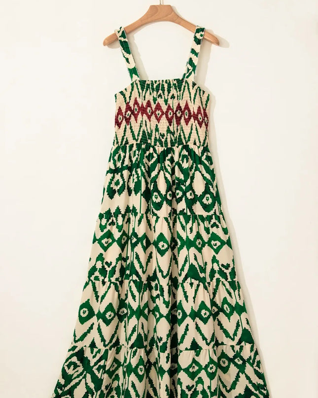 Western Aztec Shirred A-line Sleeveless Maxi Dress