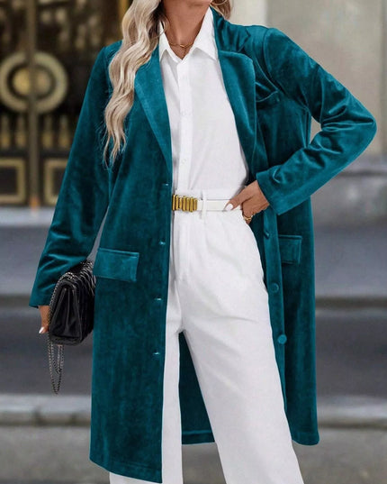 Lapel Collar Long Sleeve Longline Coat Deep Teal