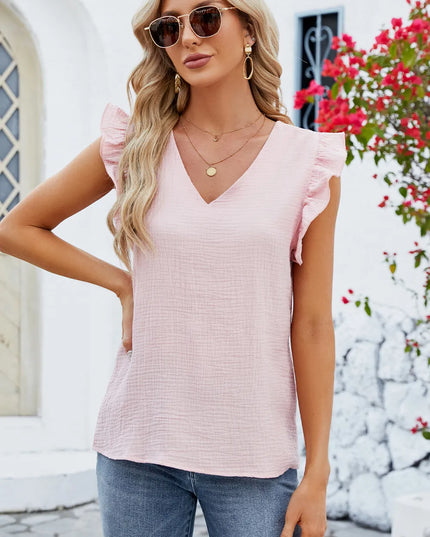 Ruffled V-Neck Cap Sleeve Blouse 