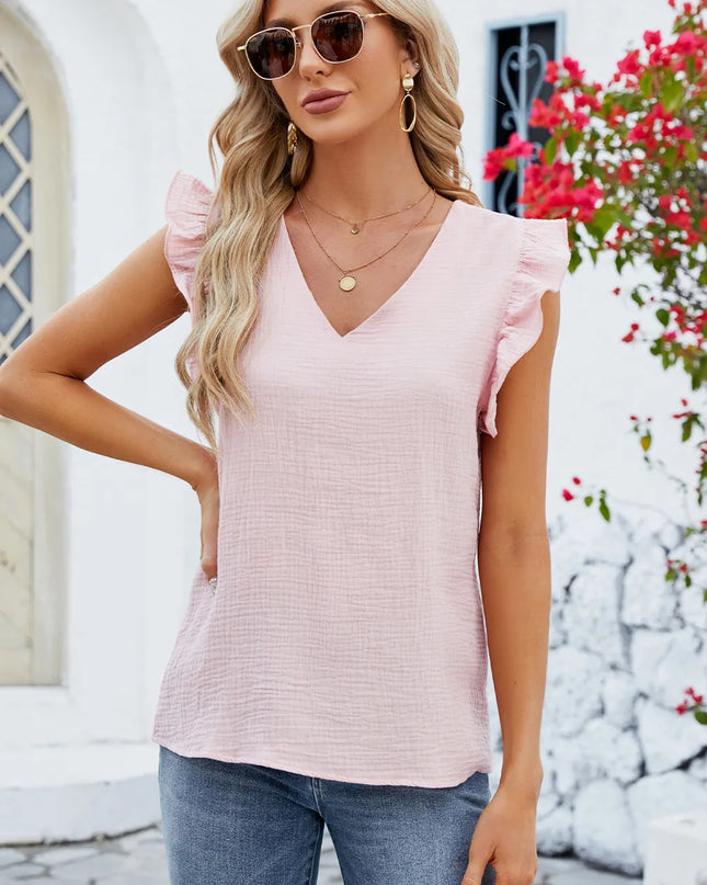 Ruffled V-Neck Cap Sleeve Blouse 