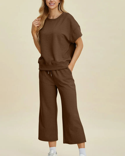 Double Take Full Size Texture Round Neck Top and Pants Set