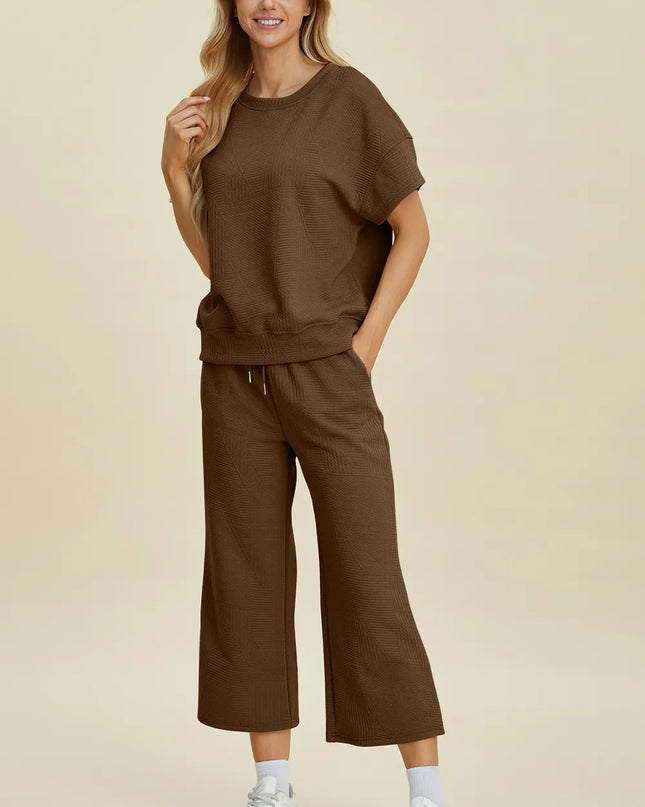 Double Take Full Size Texture Round Neck Top and Pants Set