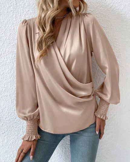 Surplice Smocked Lantern Sleeve Blouse