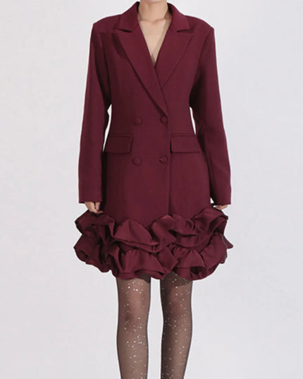 Ruffle Hem Double-Breasted Blazer Dress Angora Red