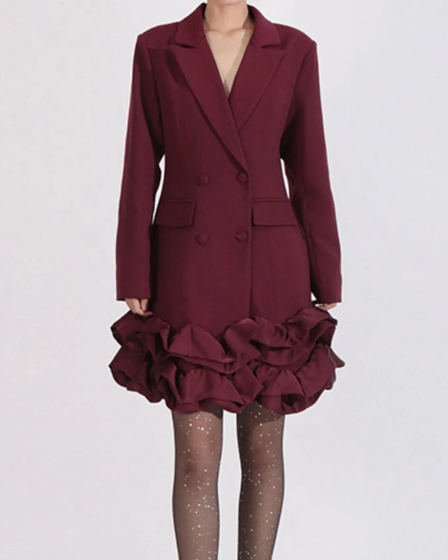 Ruffle Hem Double-Breasted Blazer Dress Angora Red