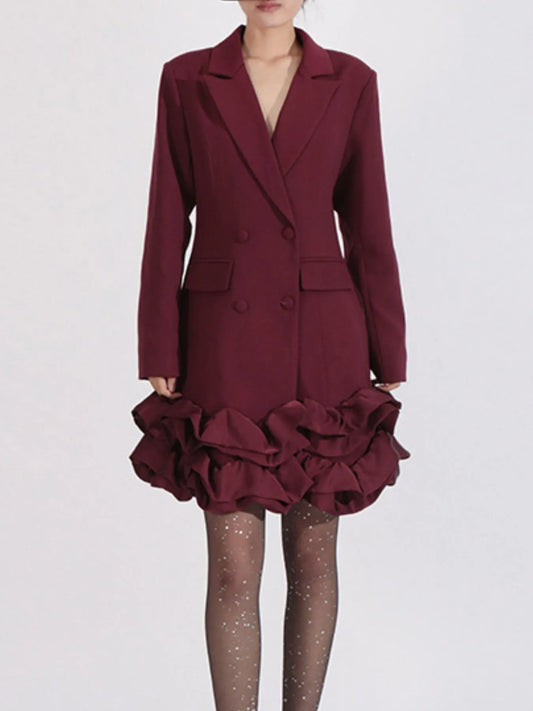 Ruffle Hem Double-Breasted Blazer Dress Angora Red