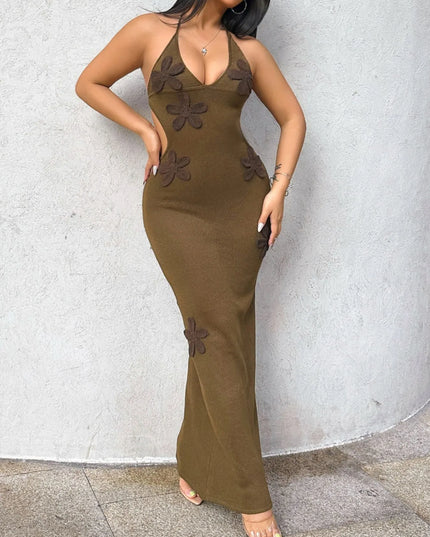 Flower Halter Neck Maxi Knit Dress Brown