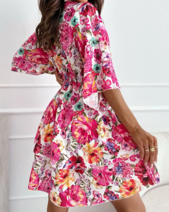 Floral Print V-Neck Ruffle Mini Dress