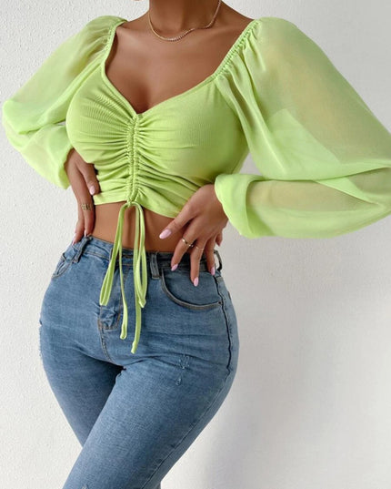 Drawstring Sweetheart Neck Cropped Top Lime