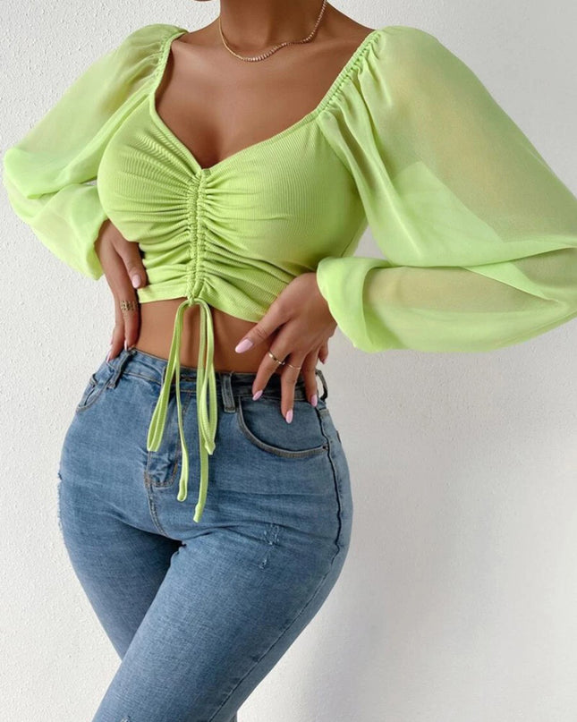 Drawstring Sweetheart Neck Cropped Top Lime