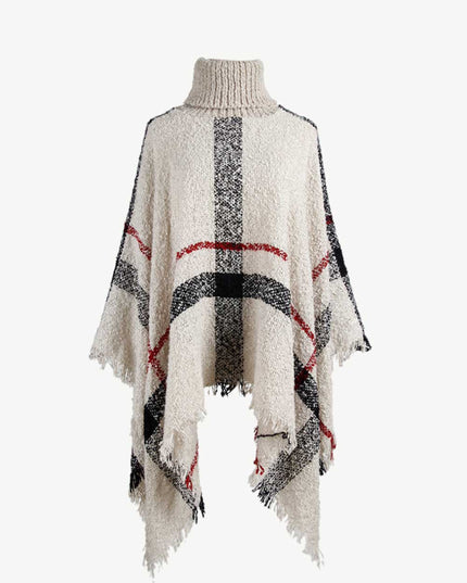 Plaid Turtleneck Raw Hem Poncho Beige One Size