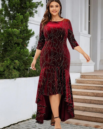 Plus Size Ruffle Hem High-Low Dress Burgundy