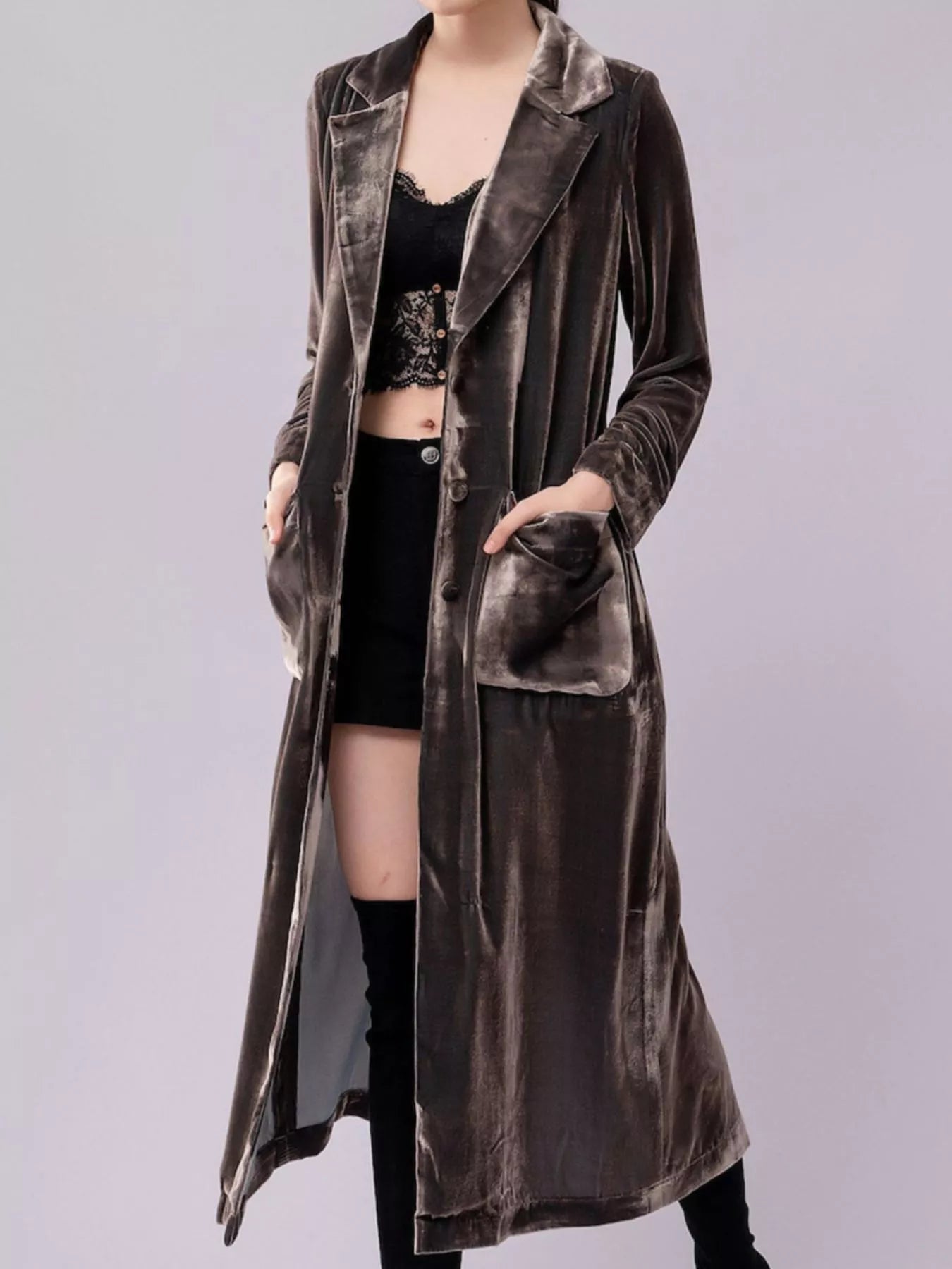 Velvet Lapel Collar Longline Coat