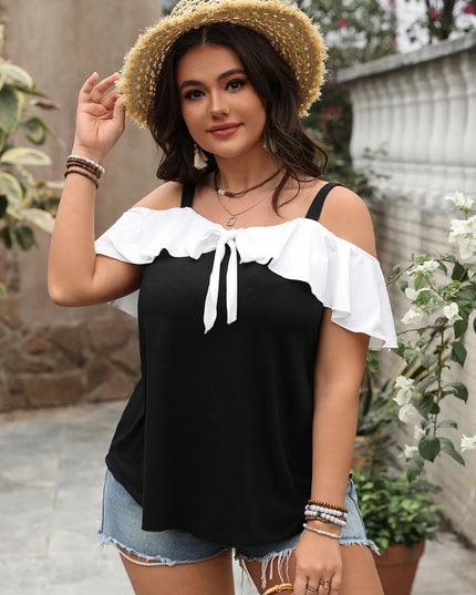 Plus Size Ruffled Contrast Short Sleeve Blouse