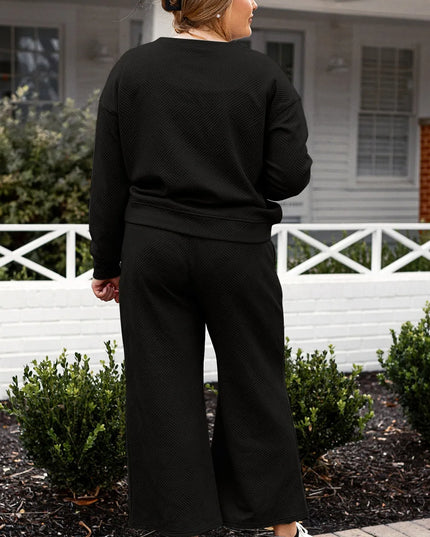 Double Take Full Size Textured Long Sleeve Top and Drawstring Pants Set