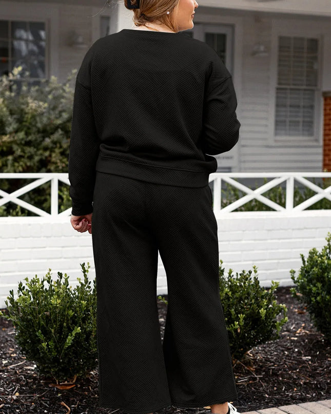 Double Take Full Size Textured Long Sleeve Top and Drawstring Pants Set