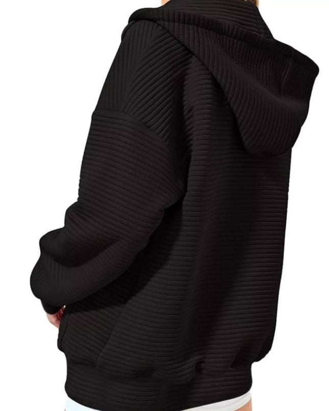 Drawstring Zip Up Dropped Shoulder Hoodie