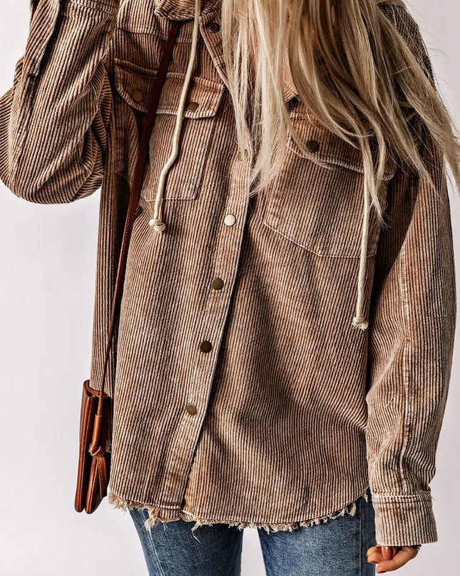 Snap Front Hooded Corduroy Shacket Taupe