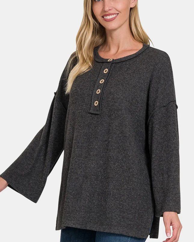 Zenana Full Size Ribbed Half Button Slit Knit Top Black