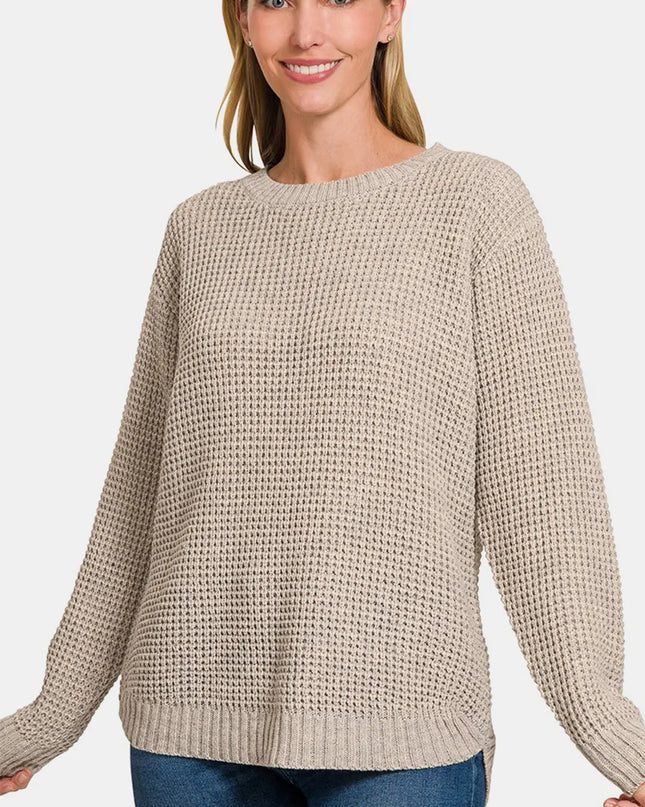 Zenana High Low Long Sleeve Waffle Sweater H Mocha