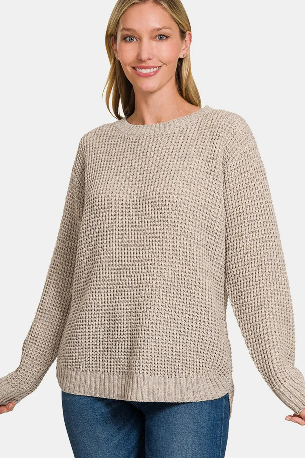 Zenana High Low Long Sleeve Waffle Sweater H Mocha