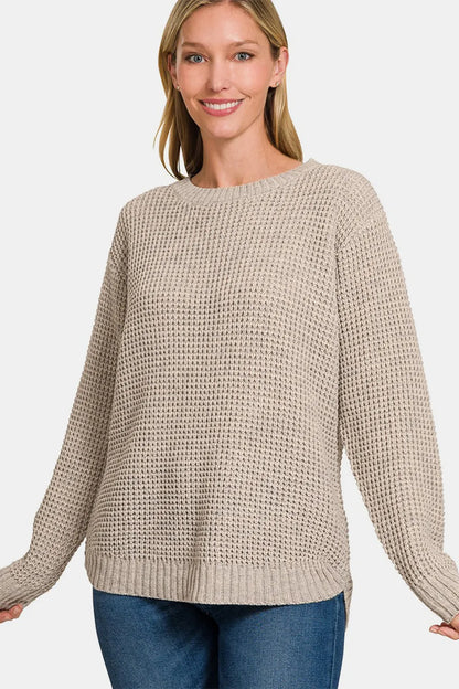 Zenana High Low Long Sleeve Waffle Sweater H Mocha
