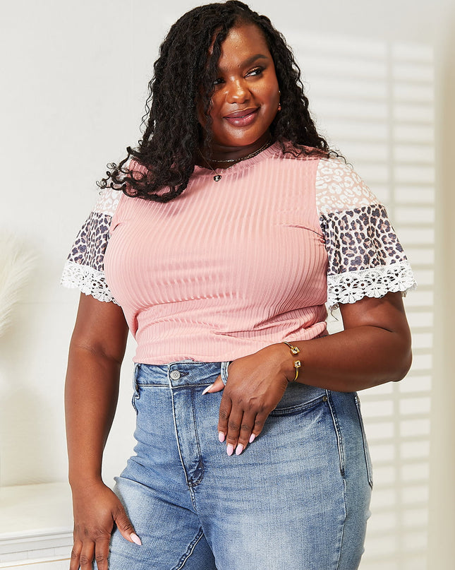 Double Take Leopard Lace Trim Ribbed Round Neck Top