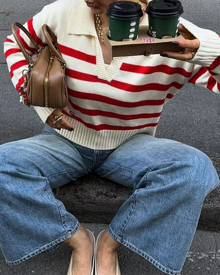 Striped Knit Polo Collar Sweater