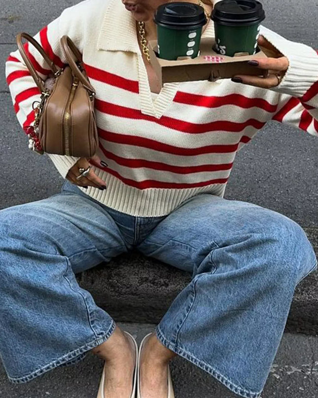 Striped Knit Polo Collar Sweater