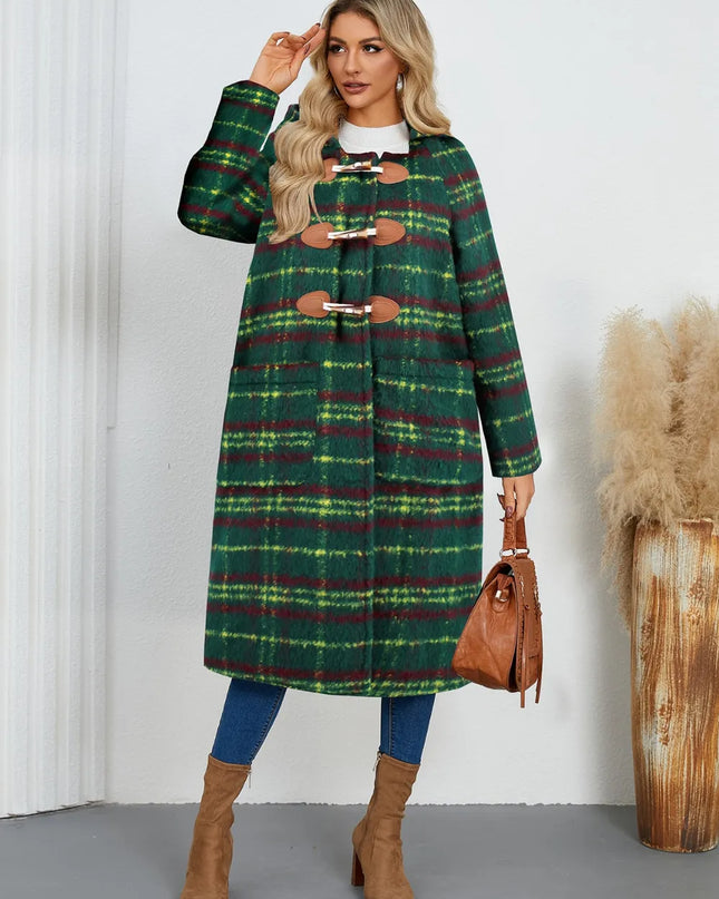 Plaid Long Sleeve Hooded Coat with Pockets