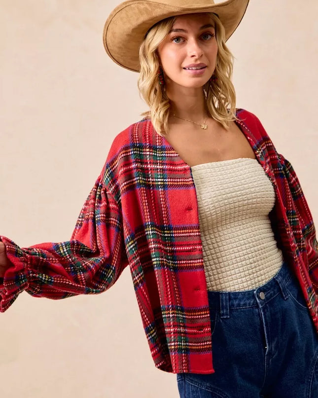 BiBi Christmas Plaid V-Neck Flounce Sleeve Jacket