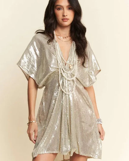 Davi & Dani Sequin Plunge Neck Knot Cut Out Tie Back Party Dress Natural