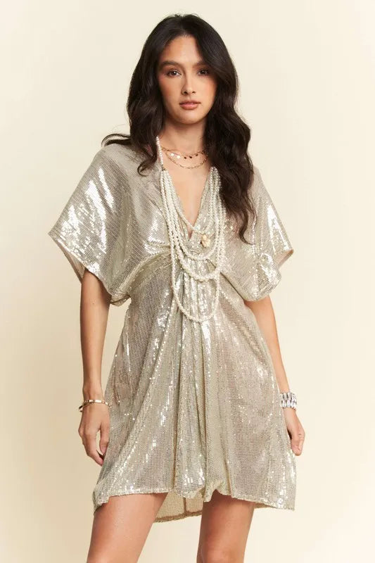 Davi & Dani Sequin Plunge Neck Knot Cut Out Tie Back Party Dress Natural