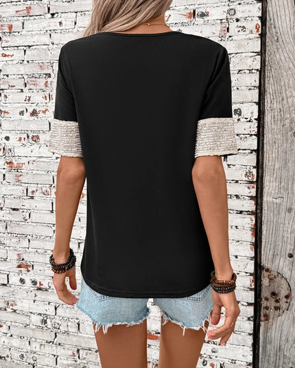 Sequin V-Neck Short Sleeve T-Shirt