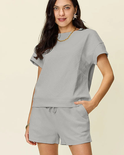 Double Take Full Size Texture Short Sleeve T-Shirt and Drawstring Shorts Set Light Gray