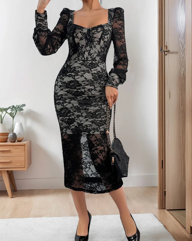Perfee Lace Sweetheart Neck Long Sleeve Midi Dress Black