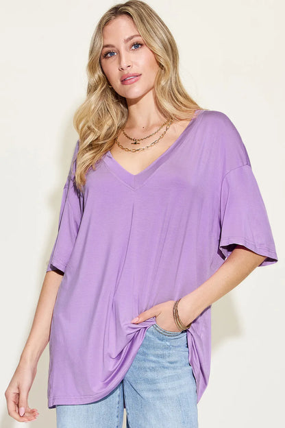 Basic Bae Full Size Bamboo V-Neck Drop Shoulder T-Shirt 