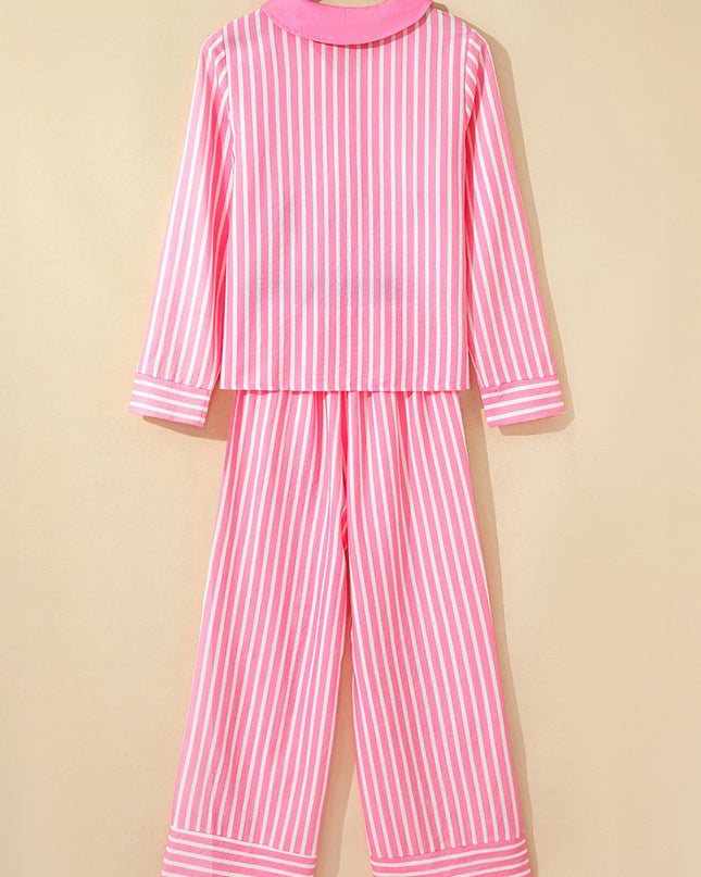 Stripe Buttoned Front Long Sleeve Top and Pants 2 Piece Sleepwear
