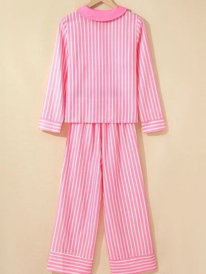 Stripe Buttoned Front Long Sleeve Top and Pants 2 Piece Sleepwear