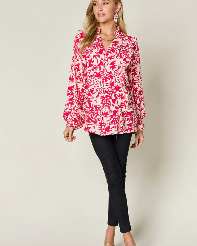 Double Take Full Size Printed Ruffle Trim Balloon Sleeve Shirt