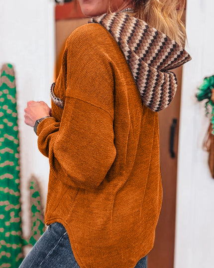 Contrast Plaid Hood Patchwork Chest Pocket Henley Top