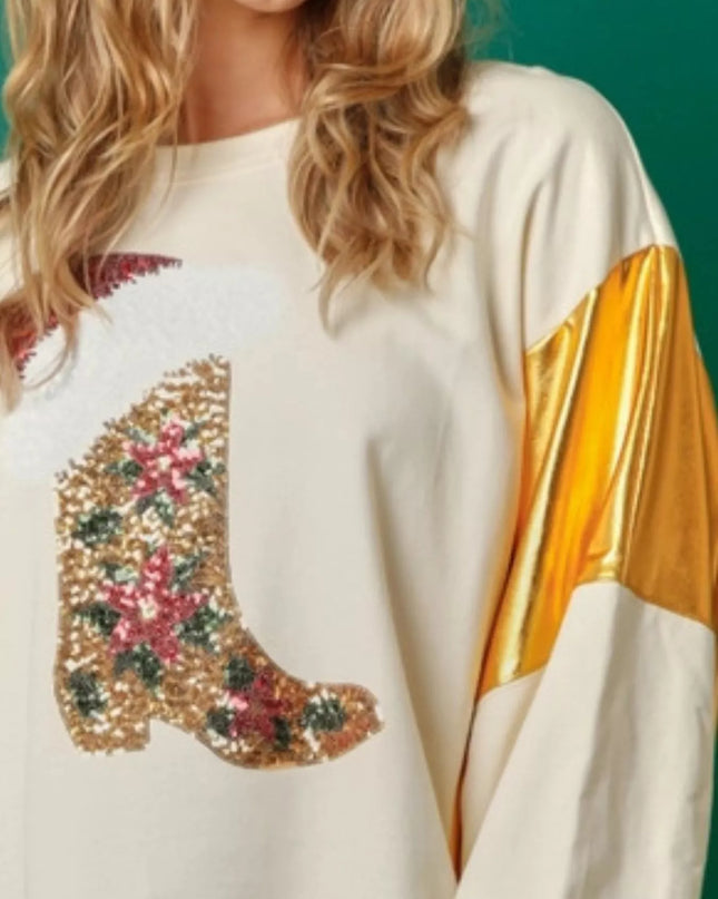 Christmas Sequin Boot Long Sleeve Sweatshirt