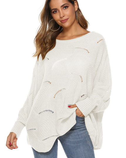 Round Neck Long Sleeve Openwork Sweater White