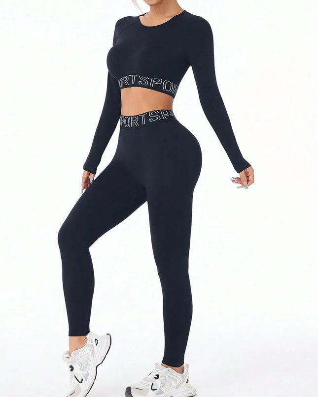 Letter Print Round Neck Long Sleeve Top and Leggings Active Set 