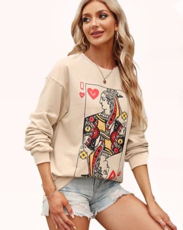 Queen of Hearts Playing Card Graphic Round Neck Sweatshirt