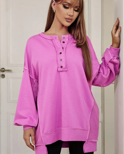 Buttoned Dropped Shoulder Sweatshirt Cerise
