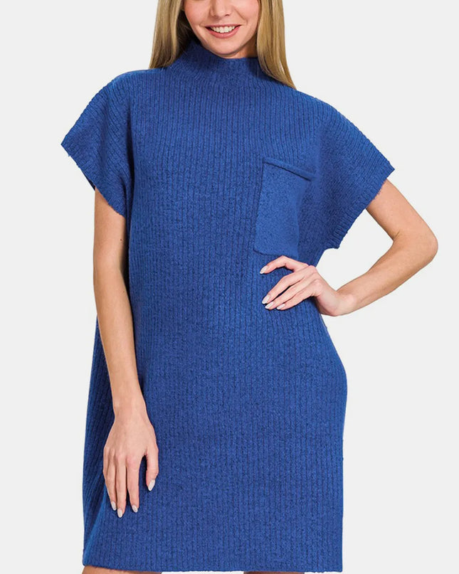 Zenana Short Sleeve Sweater Mini Dress Navy