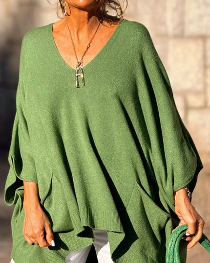 Ribbed Hem V-Neck Sweater